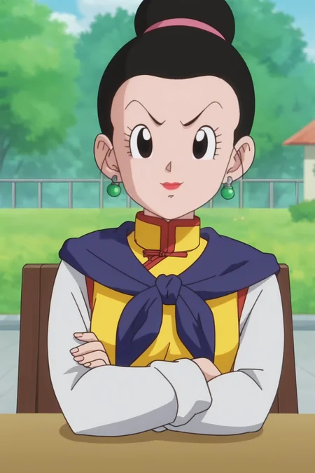 source_anime, score_9, score_8_up, score_7_up, anime screencap, absurdres, official style,
chi-chi, hair pulled back, super outfit, 1girl, solo, breasts, looking at viewer, black hair, earrings, single hair bun, eyelashes, black eyes, purple sash neckerchief, red trim, yellow dress, china dress, long sleeves, white sleeves, upper body, crossed arms, outdoors, garden, pov across table, sitting on chair, looking at another, facing to the side, v-shaped eyebrows, fingernails, tree, lipstick
<lora:chichiDBS_pony_v1:0.8>
