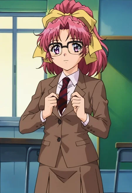 score_9,score_8_up,score_7_up,score_6_up,score_5_up,score_4_up,negative_hand, 1girl, Mimika Aobajou, Pink Hair, Long Hair, Ponytail, Ribbon Hair Tie, Grey Eyes, Blazer School Uniform, Glasses, Necktie, Skirt, looking at viewer, posing, indoors, anime screencap