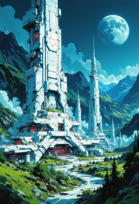 OBxiaoxiang, CAICO, inksketch blue and white theme, Abstract digital painting in the style of ck-js, detailed photorealistic image, a sci-fi cityscape of colossal buildings and towers in a green lush landscape, situated in a green valley bounded by mountain slopes, white ceramic surfaces with high-end circuitry, red glowing diodes and lights, large depth of field. The sky is a dark blue, with a moon hanging low in the horizon