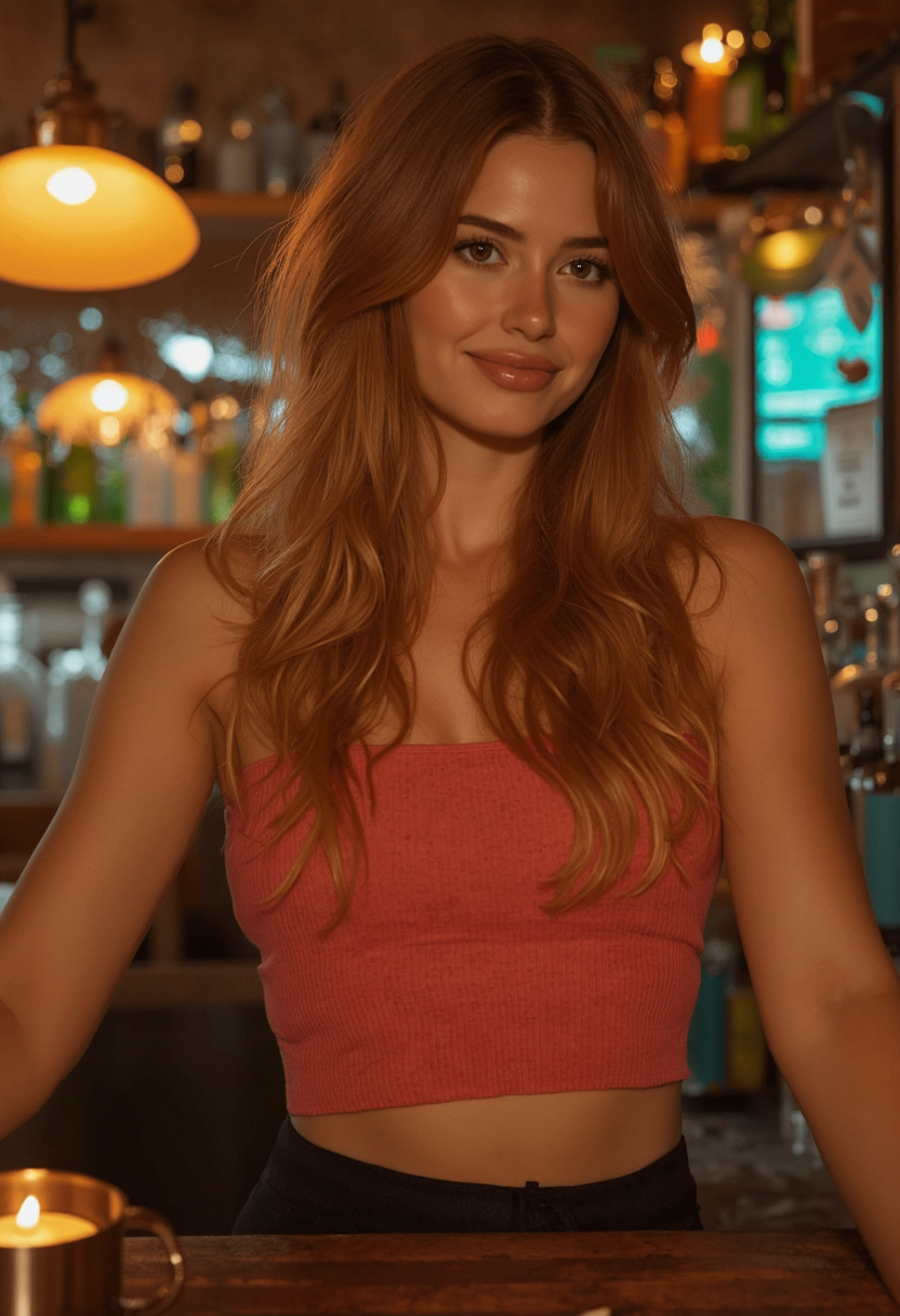 KellyMixer, 8k, 4k, vivid vibrant photograph. Ultra high definition and ultra realistic and ultra high quality close up photo of an extremely beautiful college girl with natural breasts bartending at an outdoor tropical bar. She is wearing a small crop top and is looking seductively at the viewer.