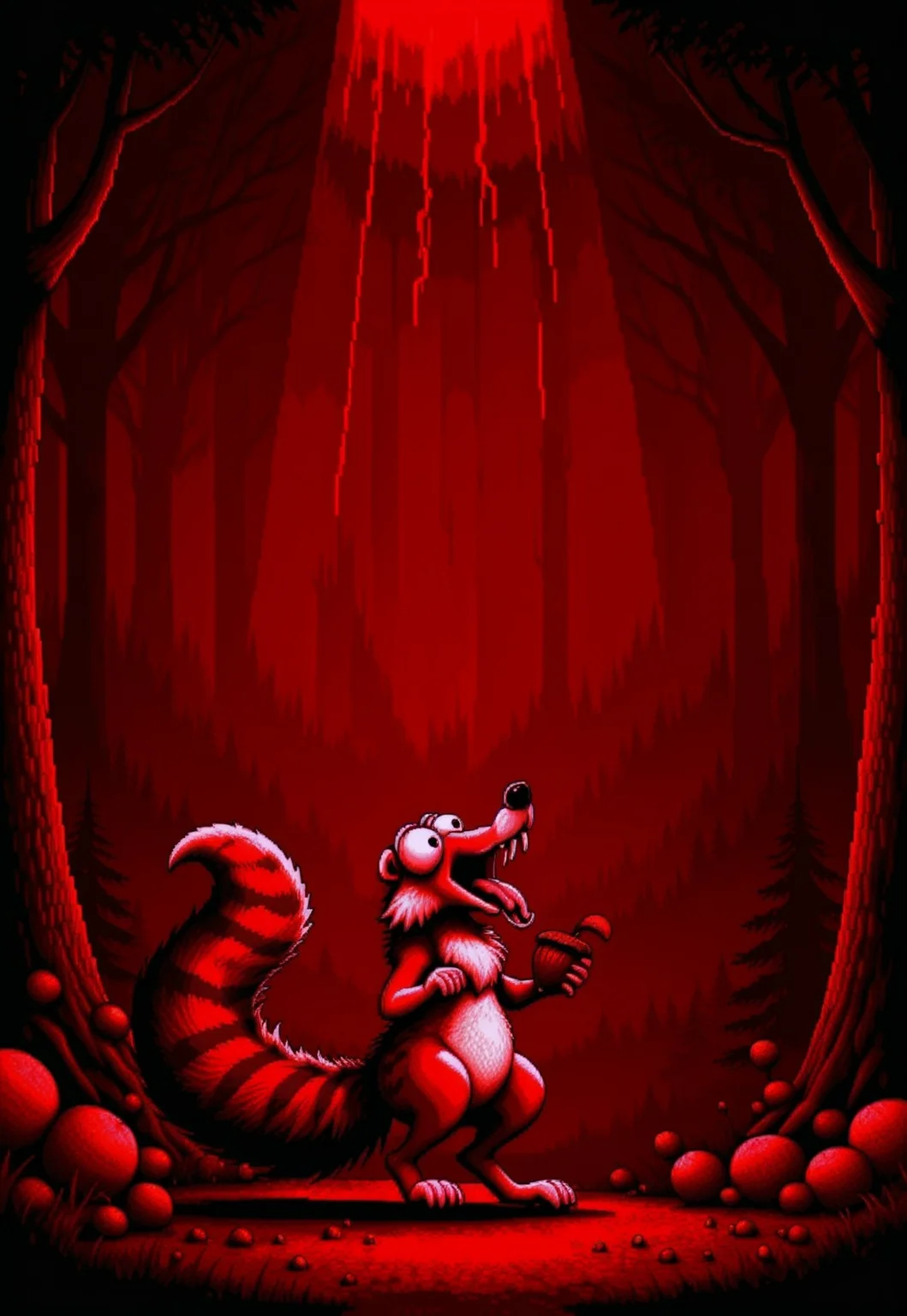 Masterpiece, absurdres, highest quality, highly detailed, newest, 8k, vbstyle, pixel art, red theme, Scrat, closeup, solo, long snout, bushy tail, bulging eyes, striped tail, screaming, mouth open, tongue out, holding acorn, forest background, detailed background, (closeup:1.3),