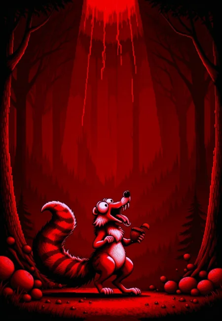 Masterpiece, absurdres, highest quality, highly detailed, newest, 8k, vbstyle, pixel art, red theme, Scrat, closeup, solo, long snout, bushy tail, bulging eyes, striped tail, screaming, mouth open, tongue out, holding acorn, forest background, detailed background, (closeup:1.3),