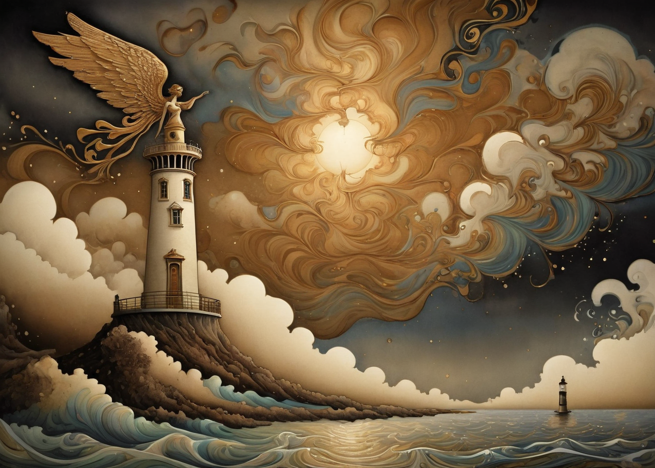 (Art Nouveau:0.9), xlmrblng15-1300 beautiful air-angel standing on a lighthouse, dark storm, fog, (bronze-tinted:0.9), very detailed, intricate