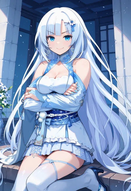 score_9, score_8_up, score_7_up, source_anime, dutch angle, tilt_angle,
1girl, solo, solo focus,
whiteCULvvmiky, white hair, very long hair, flower hairclip, snowflake earrings, white short kimono, shoulder cutout, bridal gauntlets, kimono skirt, obi, obijime, snowflake hair ornament, blue nail polish, asymmetrical thigh strap, gradient thighhighs, high heels ,
cleavage, crossed arms, v-shaped eyebrows, smile, split mouth,
<lora:whiteCUL-Pony-v2-rev2_1-000005:0.9>
