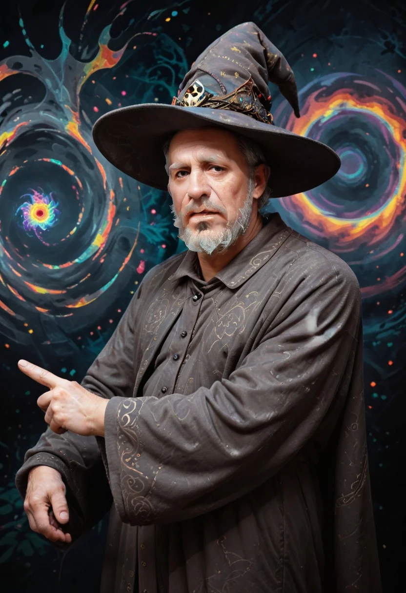 lazyup7, allori, 1boy, old man, wizard, wizard hat, robe, long beard, gray hair, solo, pointing, looking at viewer, facing viewer, abstract background, psychedelic colors, glowing, swirls