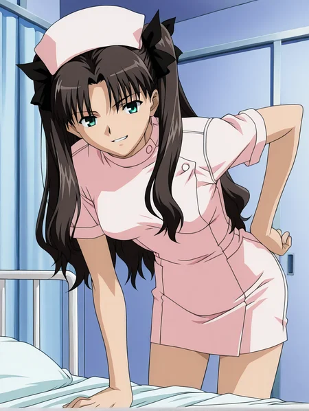 <lora:yakin-kaidan-illustrious-000004:0.9> tohsaka rin, nurse, smirk, grin, arm support,
1girl, solo, leaning forward, hospital bed, hospital