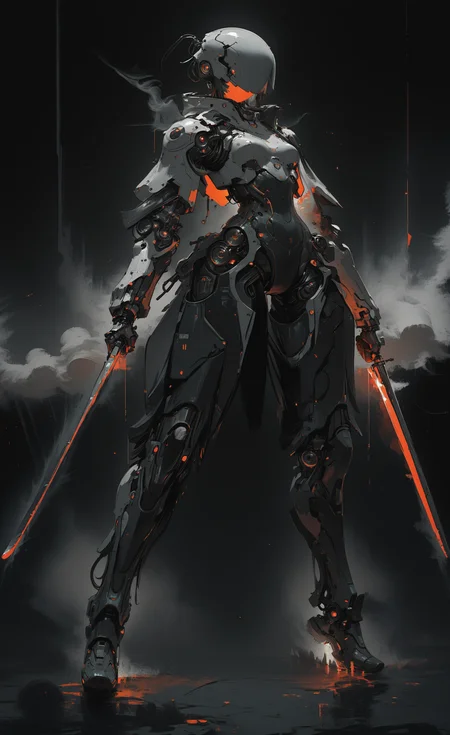 masterpiece, best quality, good quality, newest, highres, absurdres,1girl, solo, breasts, looking at viewer, red eyes, holding, standing, full body, weapon, small breasts, sword, holding weapon, armor, orange eyes, glowing, holding sword, helmet, robot, science fiction, smoke, dual wielding, android, joints, robot joints, power armor, in the style of cknc,mcnm,
G0zeNA_illu, abstract, surreal <lora:illustriousXL_stabilizer_v1.23:0.3> <lora:NOOB_vp1_detailer_by_volnovik_v1:0.3> <lora:ponyv6_noobE11_2_adamW-000017:0.3> <lora:ck-nc-cyberpunk-IL-000011:0.7> <lora:Mechanism-Illustious:0.8> <lora:G0zeNA_style:1>