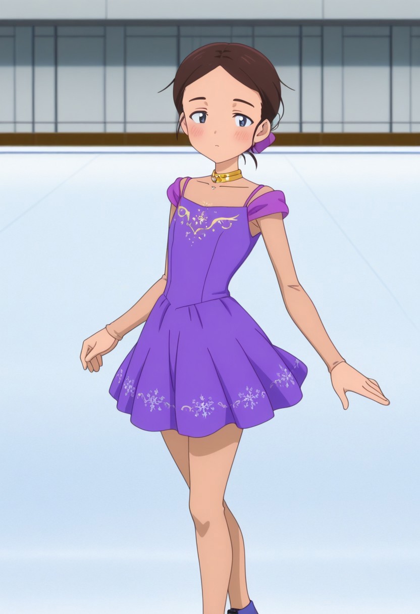 Masterpiece , best quality , amazing quality , anime screencap   , ice skater , a girl , emayamato , purple sleeveless dress , brown hair  ,  posing