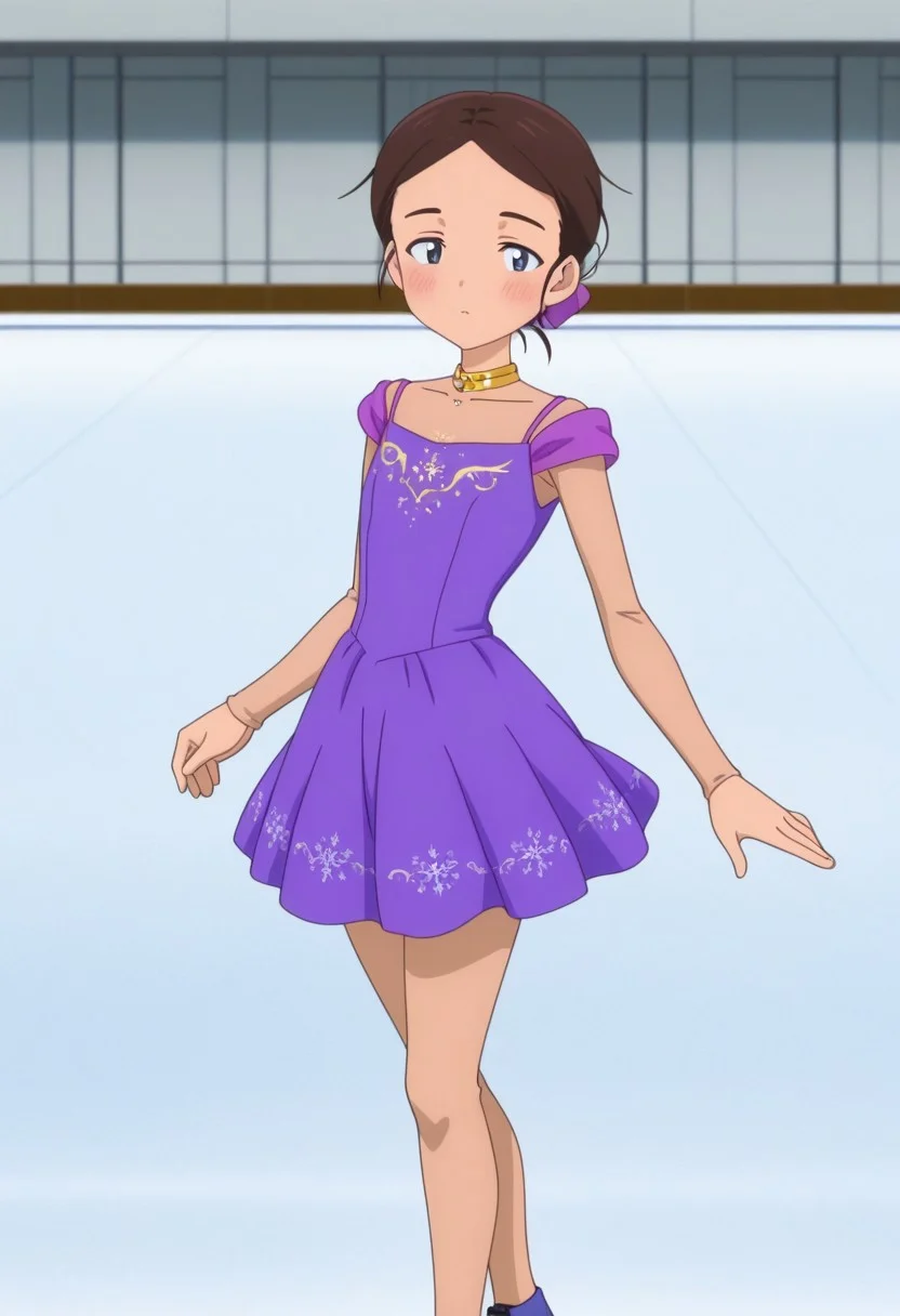 Masterpiece , best quality , amazing quality , anime screencap , ice skater , a girl , emayamato , purple sleeveless dress , brown hair , posing