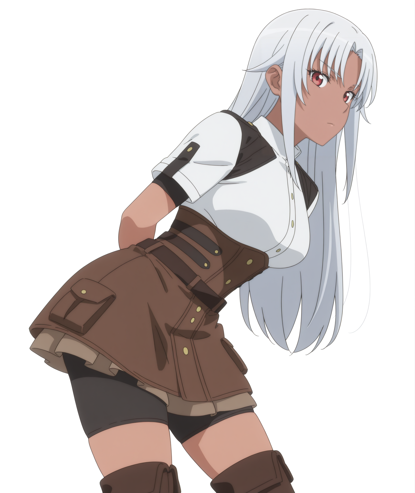 highres, absurdres, hi res, best quality, masterpiece, 2d, intricate details, 4k, anime coloring,
1girl, solo, nose, long hair, red eyes, white hair, grey hair, dark skin, dark-skinned female,
skirt, short sleeves, bike shorts under skirt, bike shorts, corset, brown skirt, shorts,
boots, thigh boots, brown footwear,
upper body, leaning forward, 
white background, <lora:Aqua_(Character)_ILXL:1>