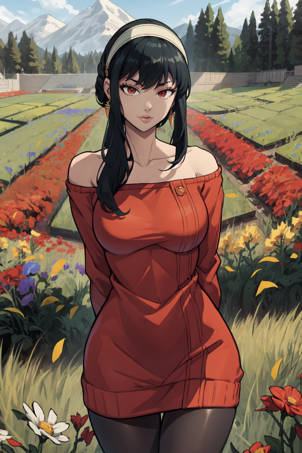1girl, (solo:1.2), curvy, (masterpiece:1.2), (best quality:1.2), (perfect anatomy:1.4), (interacting with the viewer while facing him in a dynamic pose in motion), (arms behind back:1.3), cute, closed mouth, (large breasts:1.4), (cowboy shot:1.4), <lora:Sinensian [MockAi - v1.0]:0.8> sinensian, (soft shading:1.2), <lora:Yor Briar [h_madoka - v1.0]:0.8> bbyorf, short hair with long locks, white hairband, red eyes, gold earrings, large breasts, jewelry, off shoulder, red sweater, sweater dress, long sleeves, black pantyhose, (field of flowers scenery:1.4), midday, outside, lavish nature