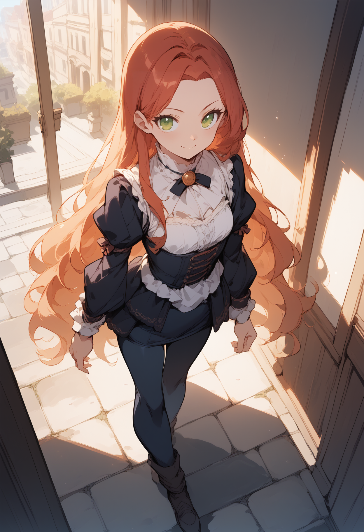 score_9,score_8_up,score_7_up,score_6_up,source_anime,absurdres,
BREAK <lora:Florentia_Lombardi:0.8>,FlorentiaLombardi,1girl,solo,skinny,toned,perfect anatomy,forehead,red hair,very long hair,green eyes,long eyelashes,blouse,pants,short skirt,smile,(fred perry:0.4),Victorian,face_focus,close-up,from_above,