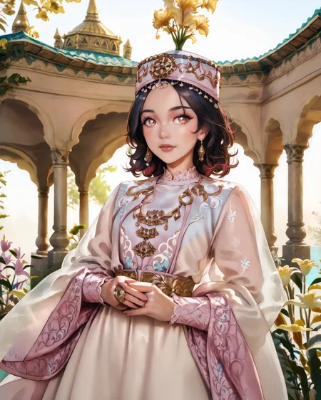 score_9, score_8_up, score_7_up, 1girl, wearing blue and pink kazfa, waist-up, wavy dark hair, beautiful eyes, very detailed clothes, (blue and pink), gold accents, gorgeous gazebo, Moroccan architecture, lilies, nature, masterpiece, highest quality, absurdres, 8k, trending on artstation, (detailed,best quality:1.2), detailed face, detailed hair, <lora:ITITI:1>, PRSNL_3_1, <lora:KazakhFashionXL:1.1>