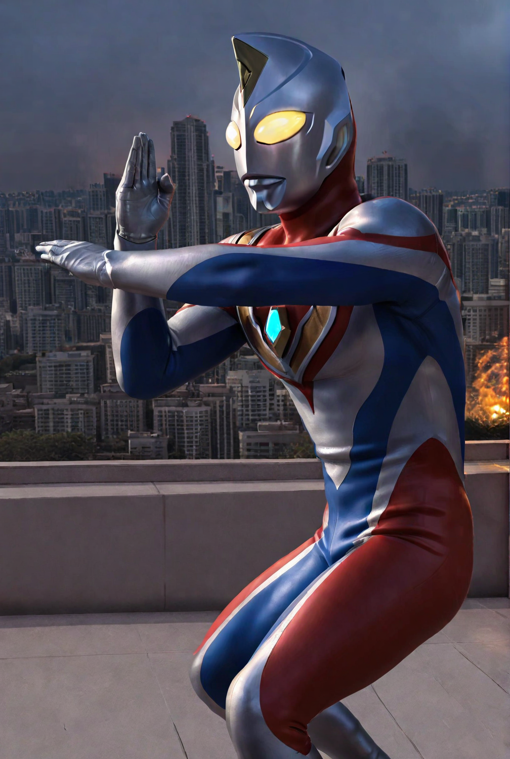 very awe,aesthetically pleasing,masterpiece,best quality,amazing quality,very aesthetic,ultra-detailed,high resolution,8k,1boy,solo,male focus,detailed face,tokusatsu,alien,bodysuit,glowing eyes,yellow eyes,multicolored bodysuit,dyn4 flash,fighting stance, fire,cityscape,<lora:Ultraman Dyna:0.8>,