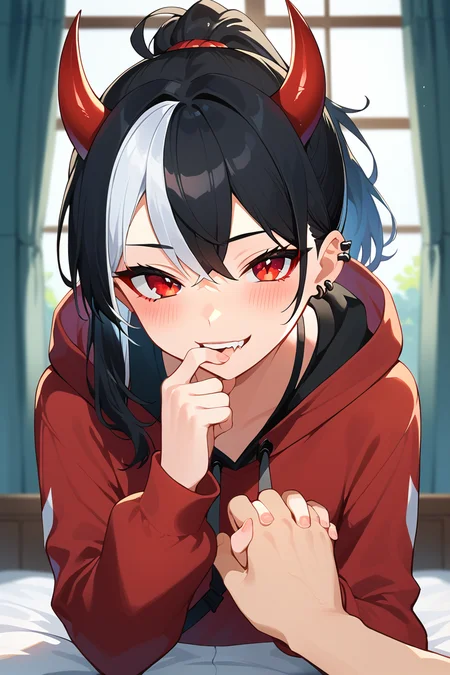 score_9, score_8_up, score_7_up, uncensored,good fingers, five fingers, best quality, high quality,1girl, horns, red eyes, white hair, blush, multicolored hair, black hair, hood, two-tone hair, hoodie, looking at viewer, ponytail, solo focus, 1boy, pov, teeth, pov hands, finger in another's mouth, biting, finger biting, long sleeves, ear piercing, holding hands, holding hands with girl pov sfw,<lora:Holding_hands_concept_Pony:1>, indoors