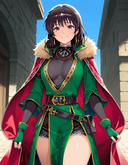 1girl,<lora:mareeta feh 2outfits_illustriousXL:0.8>,ascended mareeta,earrings,necklace,red cape,green gloves,fingerless gloves,layered dress,black belt,black pouch,pelvic curtain,cowboy shot,smile,standing,blue sky,looking at viewer,masterpiece,best quality,amazing quality,