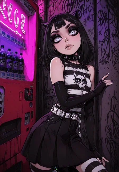 amazing masterpiece, best quality, best lineart, absurdres, ultra-high-resolution, intricately ultra-detailed, highly detailed face, sharp outlines, sharp lines, amazing film grain, 1girl,
Nia, black hair, spiked hair, medium hair, big eyes, white eyes, spiked collar, striped shirt, black sleeves, black gloves, fingerless gloves, white belt, black skirt, black footwear, boots, eyeliner, long_eyelashes, mascara,
 vending machine, graffiti, city,  punk bar,  striped pantyhose,  EGirlPFP, HPC-Illu, looking at viewer, neon sign