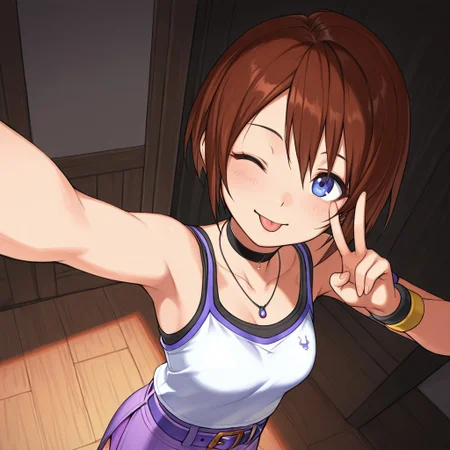 masterpiece, best quality, break, kairi_kh1, brown hair, short hair, blue eyes, choker, necklace, tank top, belt, skirt, cute, from above, selfie, one eye closed, tongue