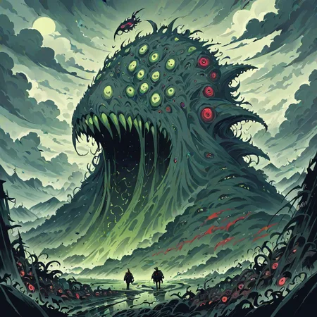score_9, score_8_up, score_7_up, score_6_up, score_5_up, score_4_up ,(masterpiece, best quality, highres:1.2),anime style,art by studio ghibli,landscape,apocalyptic,fleshmutant,covered in eyes and mouths,lovecraftian landscape