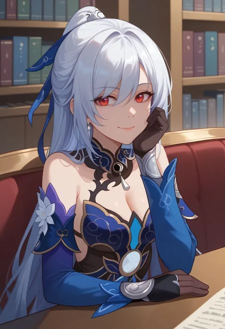 score_9, score_8_up, score_7_up, source_anime, 1girl, jingliudef, red eyes, white hair, long hair, high ponytail, earrings, jewelry, medium breasts, bare shoulders, detached sleeves, blue sleeves, blue dress, cleavage, black gloves, white skirt, sitting, on chair, table, head rest, smile, closed mouth, looking at viewer, indoors, library, portrait, close-up, upper body, facing viewer, <lora:Jingliu_v1-000010:1>