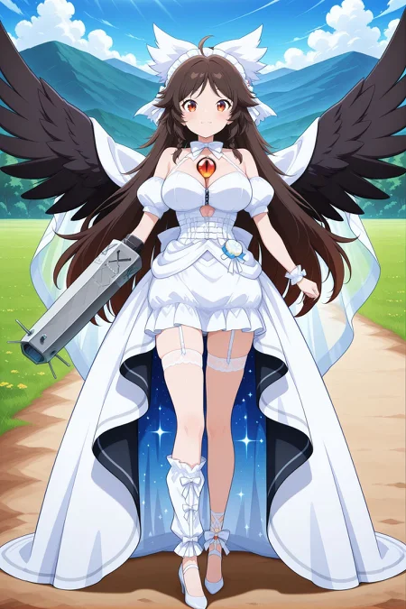 absurdres, highres, masterpiece, best quality, amazing quality, official anime artwork, screencap, anime screencap, outdoors, looking at viewer, light smile, dynamic pose, standing,
<lora:Utsuho-Reiuji_IllustriousV2:1> reiuji utsuho, 1girl, solo, brown eyes, brown hair, long hair, ahoge, black wings, bird wings, third eye, breasts,, reiuji utsuho \(fantasy rebirth\), alternate costume, twin braids, very long hair, hair bow, white bow, white hairband, frilled hairband, white cape, see-through cape, white bowtie,white dress, wedding dress, bare shoulders, cleavage, garter strap, asymmetrical footwear, high heels, white shoes, arm cannon, white cannon,