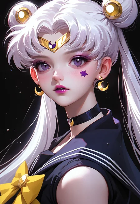 score_9, score_8_up, score_7_up, score_6_up, score_5_up, score_4_up,Alternative Sailor Moon, 1girl, solo, long hair, looking at viewer, bangs, shirt, hair ornament, bow, twintails, jewelry, purple eyes, upper body, white hair, earrings, parted lips, sleeveless, choker, bowtie, sailor collar, hair bun, from side, parted bangs, black shirt, eyelashes, sleeveless shirt, double bun, makeup, facial mark, lipstick, crescent, black background, tassel, yellow bow, eyeshadow, circlet, forehead mark, alternate eye color, alternate hair color, star earrings, dark persona, sailor senshi uniform, purple lips, crescent earrings, crescent facial mark, PonyXLV6_Scores, <lora:AltMoonPonyXL:1>