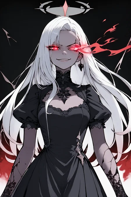 masterpiece, best, femme fatale, woman, solo, white hair, long hair, black dress, broken halo, cracked halo, looking at viewer, black halo, smirk, seductive, intense stare, 
cowboy shot,
<lora:Sinozick_Style_XL_Pony:0.8> <lora:LineArt Mono Style LoRA_Pony XL v6:0.5> <lora:IncaseLycoXL:0.5> <lora:Granblue_Fantasy_Style_XLv4:0.5> <lora:Flaming:1> red glowing eye, red flaming eye, red eye trail,