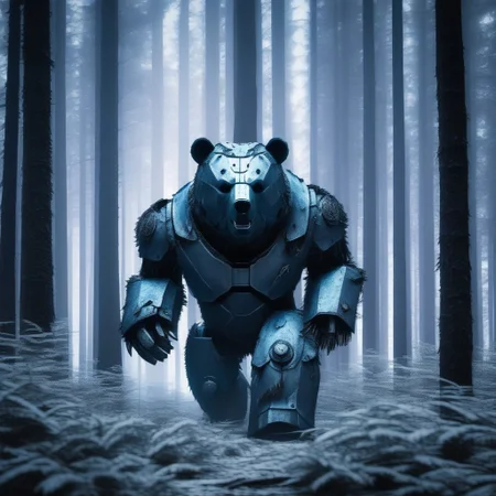 An iron bear is in the iron forest.