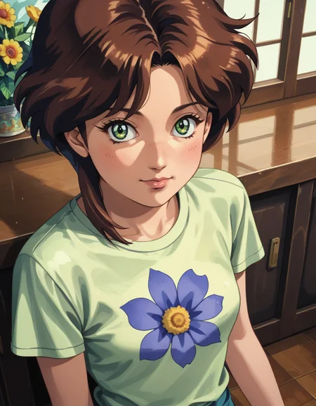 a detailed illustration of a vivid and cute score_9, score_8_up, score_7_up, score_6_up, score_5_up BREAK ot0m, 1girl, green eyes, brown sidelocks hair, looking at viewer, <lora:OtaKingMondayAshlinPDXL16v1.6tx1-000008:0.9>, head print, fantasy flower splash, vintage t-shirt design, in the style of Studio Ghibli, pastel tetradic colors of white, lilac and navy blue flora, 3D vector art, cute and quirky, fantasy art, watercolor effect, bokeh, Adobe Illustrator, hand-drawn, digital painting, low-poly, soft lighting, overhead view, isometric style, retro aesthetic, character focus, 4K resolution, photorealistic rendering, using Cinema 4D
