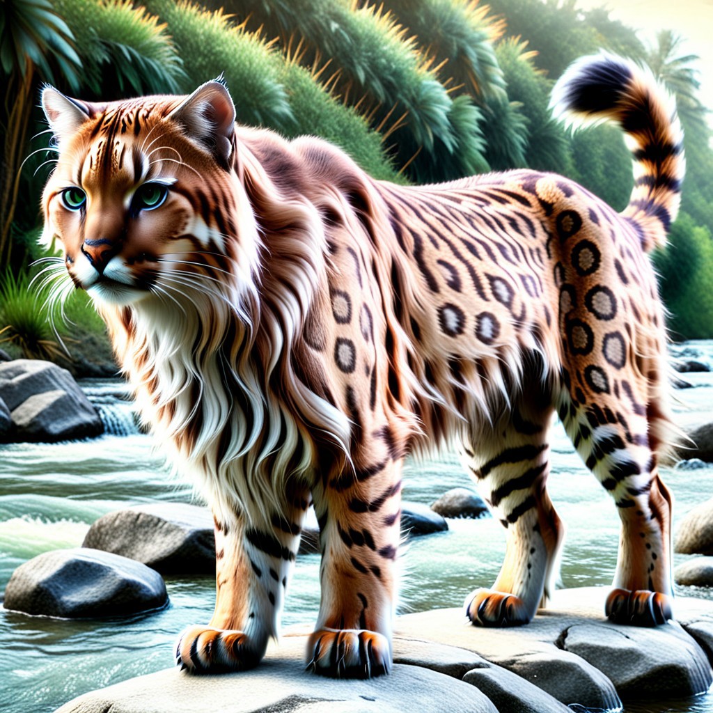 A majestic Bengal cat with a marble-patterned coat, but its fur is wildly long, thick, and fluffy like a Wookiee from Star Wars. The cat stands proudly on a rockbeeside an river clear as  shiny, its oversized Wookiee fur blowing gently in the breeze. The marble pattern glimmers subtly beneath the thick strands. The cat's eyes glow with fierce intelligence, and its tail is bushy like a lion’s mane. Hyperrealistic, fantasy creature, surreal texture fusion, dramatic side lighting, ultra-detailed fur rendering, cinematic mood, inspired by wildlife photography and creature design. Epic lightning