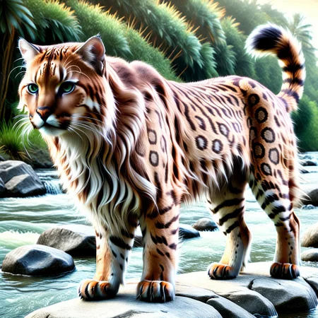 A majestic Bengal cat with a marble-patterned coat, but its fur is wildly long, thick, and fluffy like a Wookiee from Star Wars. The cat stands proudly on a rockbeeside an river clear as shiny, its oversized Wookiee fur blowing gently in the breeze. The marble pattern glimmers subtly beneath the thick strands. The cat's eyes glow with fierce intelligence, and its tail is bushy like a lion’s mane. Hyperrealistic, fantasy creature, surreal texture fusion, dramatic side lighting, ultra-detailed fur rendering, cinematic mood, inspired by wildlife photography and creature design. Epic lightning