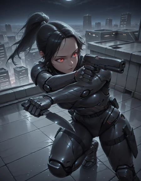 1girl, ninja, (red eyes:0.5), cyborg, armor, glowing, <lora:pistol_x_tac_knife_v1.0-000010:1> pistol_x_tac_knife, holding pistol and knife, finger on trigger, aiming, knife, <lora:Stealth_Tech_for_Illustrious:0.6> st3altht3ch, rooftop, night, outdoor