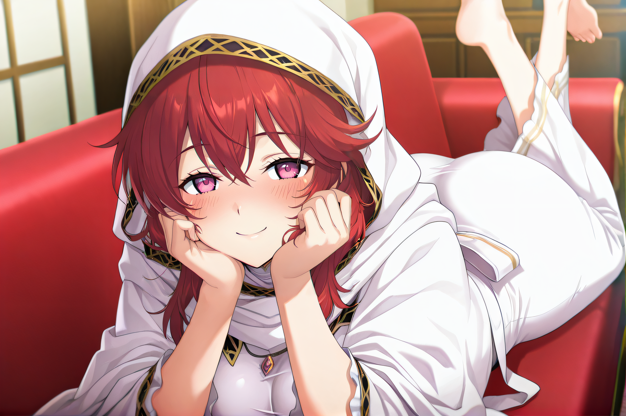 masterpiece, best quality, highres, newest, 1girl, solo, official style, anime screencap, <lora:IL_Lena:1>, lena, red hair, pink eyes, white dress, white hood, taut dress, long dress, blush, smile, lying on stomach, lying on couch, feet up, hands on own cheeks, looking at viewer