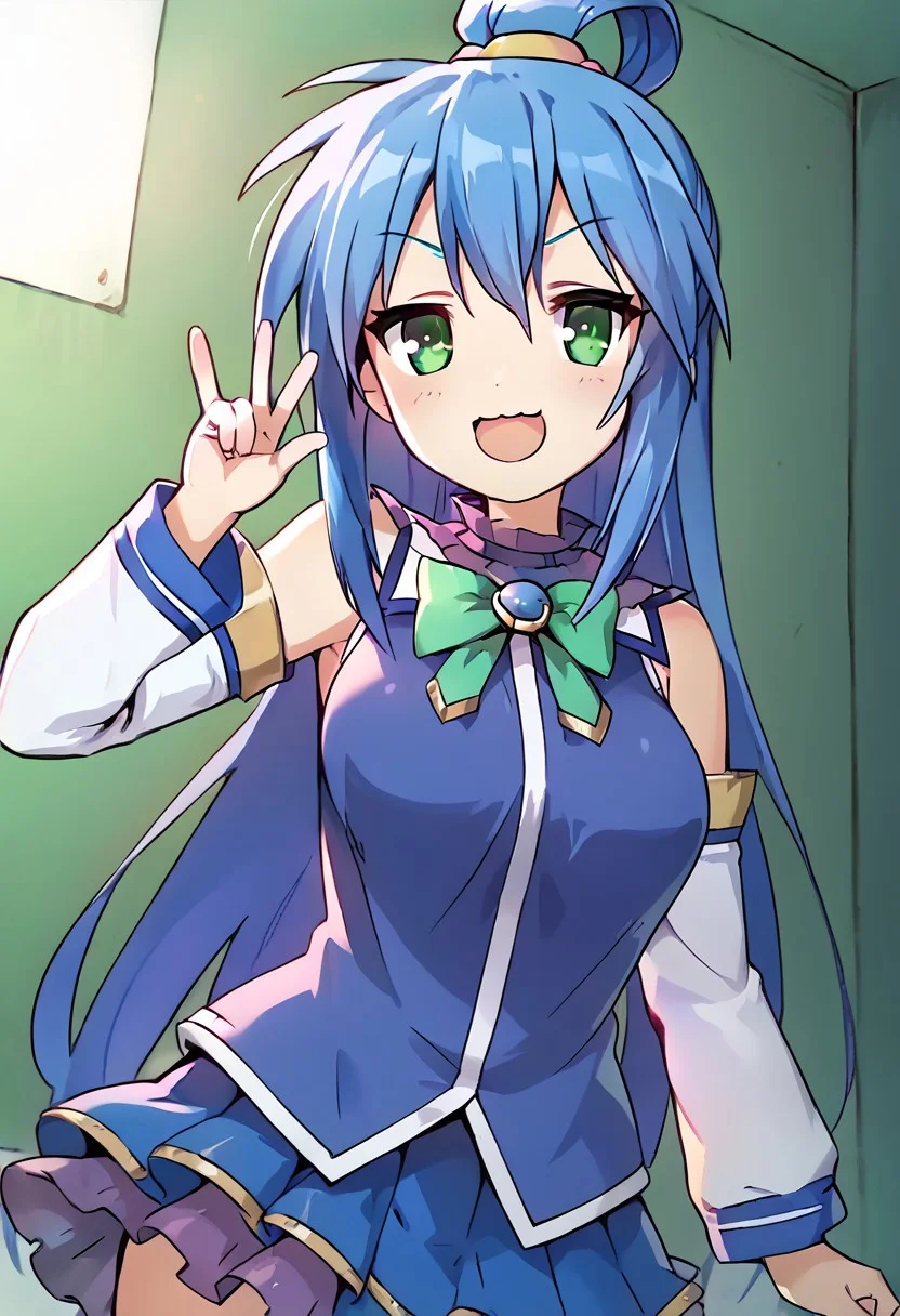 score_9, score_8_up, score_7_up,source_anime, masterpiece, ultra detailed, highres, 4k, best quality, BREAK, <lora:konata:0.7> aqua /(konosuba/), long hair, hair ornament, very long hair, hair rings, single hair ring, blue skirt, blue shirt, thighhighs, bare shoulders, detached sleeves, white thighhighs, green bow,blue boots, smile, dark blue hair, medium breasts, round breasts, D-cup breast size, adult, mature, aged up, cute, cute face, outstanding, countershading, detailed soft lighting, backlighting, green eyes, looking at viewer, ultra detailed eyes, dutch angle, cowboy shot, mouth open, smug smile, smug expression