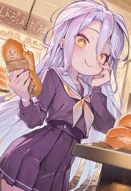 masterpiece, best quality, amazing quality, very aesthetic, absurdres, newest,
iparupua, by iparupua, yyqw7151_illu, Henreader, petite, thin, short girl,
shiro \(no game no life\), 1girl, solo, long hair, flat chested, yellow eyes, purple shirt, white sailor collar, yellow neckerchief, purple skirt, pleated skirt,
looking at viewer, hand to cheek, holding bread, eating, cute, kawaii, surprised, chewing, tasty, + +, restaurant, bakery, happy, saliva,
no game no life style,