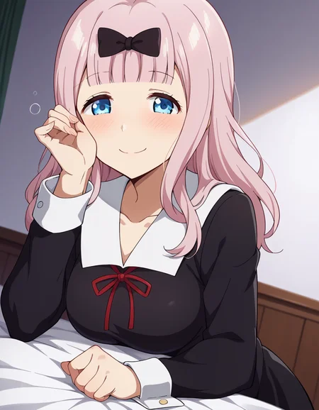 score_9, score_8_up, score_7_up, source_anime,
chikafujiwara, <lora:chika-fujiwara-s3-ponyxl-lora-nochekaiser:1>,
chika fujiwara, long hair, bangs, blue eyes, bow, pink hair, hair bow, blunt bangs, black bow, smile, mature female,
long sleeves, dress, ribbon, school uniform, collarbone, black dress, sailor collar, white sailor collar, red ribbon, neck ribbon, shuuchiin academy school uniform,
indoors, bed, bed room, on side, blush, drunk,
looking at viewer, cowboy shot, dutch angle,