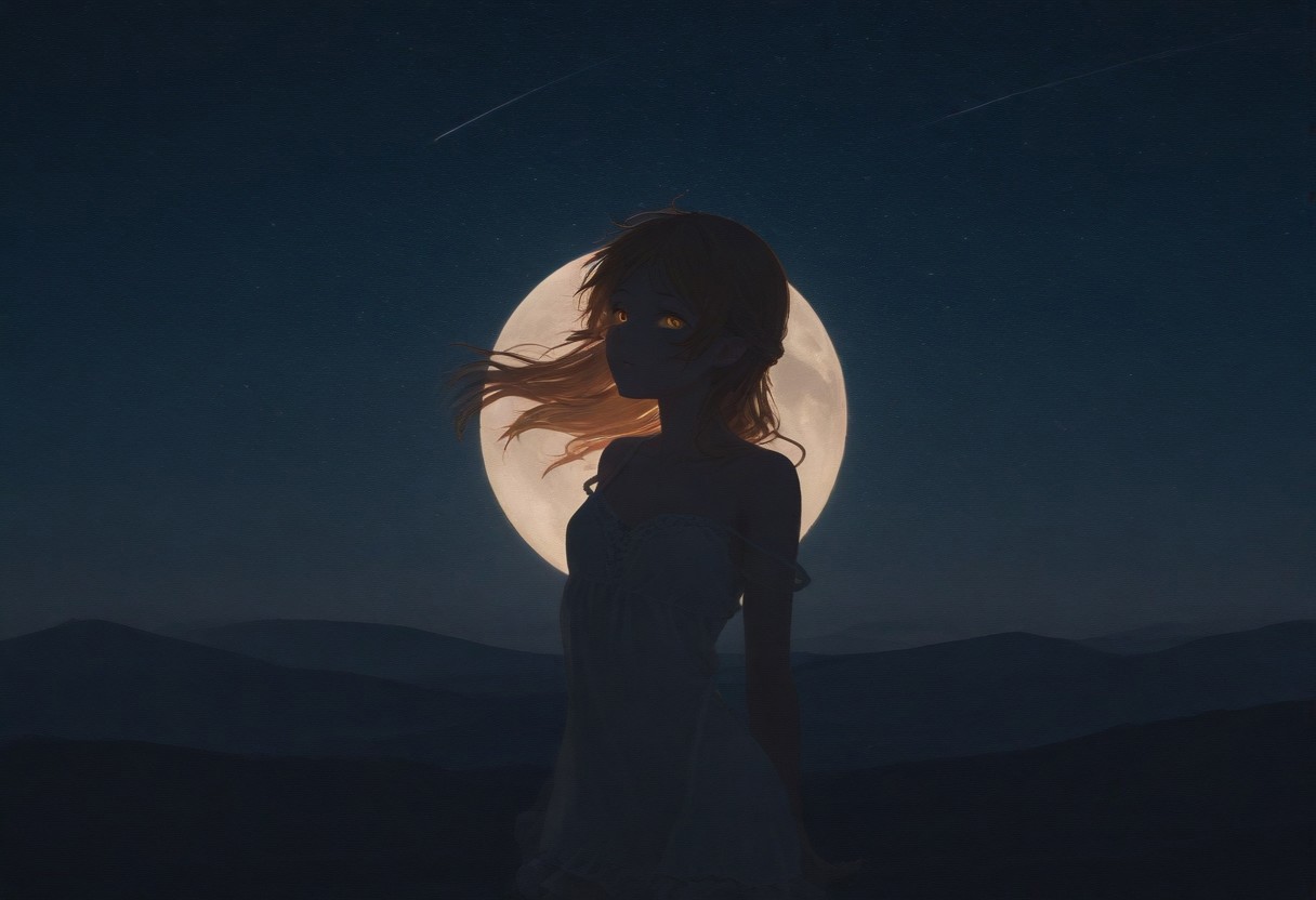 1girl,sui/(isekai ojisan)/,on the right position of photo, standing,far from viewer,,from side,truning back,dim light,looking up,masterpiece,best quality,amazing quality,absurdres, solo,(jitome:0.6), night,outdoor,hill,many star in sky,moon light,night,dim light, DYNAMIC POSE,strap slip, frill,collarbone, expression less,glowing eyes, 
,best quality,very aesthetic,absurdres
erifashion，adelinestyle，BV-Illu