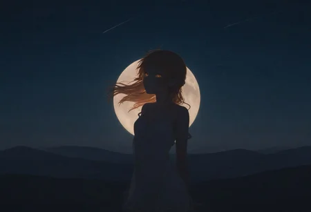 1girl,sui/(isekai ojisan)/,on the right position of photo, standing,far from viewer,,from side,truning back,dim light,looking up,masterpiece,best quality,amazing quality,absurdres, solo,(jitome:0.6), night,outdoor,hill,many star in sky,moon light,night,dim light, DYNAMIC POSE,strap slip, frill,collarbone, expression less,glowing eyes,
,best quality,very aesthetic,absurdres
erifashion,adelinestyle,BV-Illu