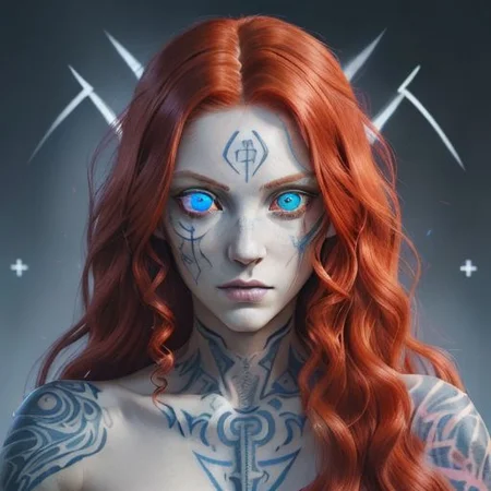 bright red hair, human female, (feminine:1.7), (beautiful face, detailed face:1.6), (beautiful eyes, detailed eyes:1.7), (looking at viewer, eye contact, intense:1.6), (long hair, red hair, curly hair:1.3), , ((masterpiece, best quality, high resolution, realistic, best quality,)), photo realistic, Perfect Face, (detailed face). <lora:GoodHands-vanilla:0.6> <lora:add-detail-xl:0.8>, mage, (Dress White military uniform coat), dagger, rune dagger, glowing runes, , (((glowing magic symbols tattoos, religious tattoos))), ((face tattoos)), glowing tattoos, stone tower in the background