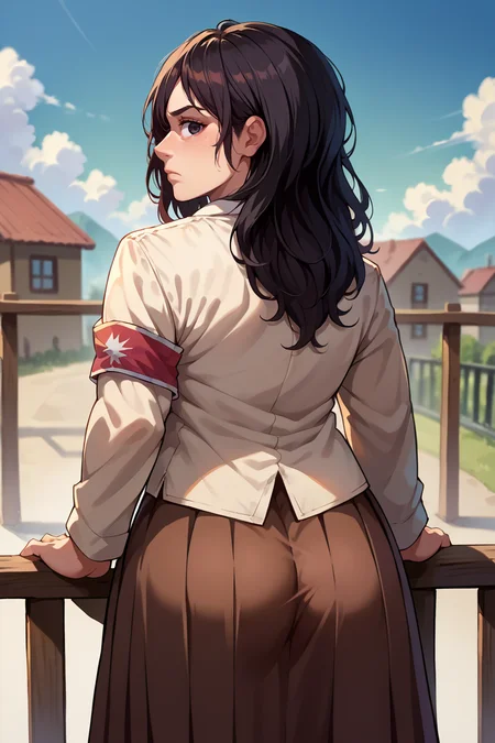 score_9, score_8_up, score_7_up, score_6_up, source_anime, 1girl, solo <lora:pieckfinger-pdxl-nvwls-v1-000006:1> aotpf, black hair, long hair, black eyes, beige jacket, red armband, white shirt, collared shirt, brown skirt, ass, from behind, looking at you, confused, railing, blue sky