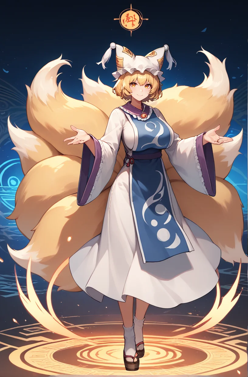 score_9, score_8_up, score_8, score_9, 1 girl, source_anime, <lora:yakumo_ran_pony-10:0.8> , yakumo ran, blonde hair, hat, tabard, white dress, fox tail, glowing, smile, full body, wide sleeves, long sleeves, detailed background, large breasts, <lora:Smooth Anime 2 Style SDXL_LoRA_Pony Diffusion V6 XL:0.8>, socks