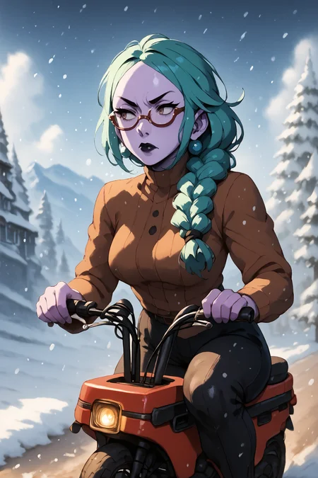 purple skin, teal hair, big round cheery red glasses, colored glass glasses, bored look in her eyes, sparkly black lipstick, hair sticks, hair in braid, <lora:RD-MAnon-XLV1.1:1>, inf front of a café looking out over a artic snow field, ((motocompo)), solo, standing, behind <lora:motocompo_detailed:1.5> ground vehicle, riding motocompo, , source_anime, score_9_up, score_7_up, score_8_up