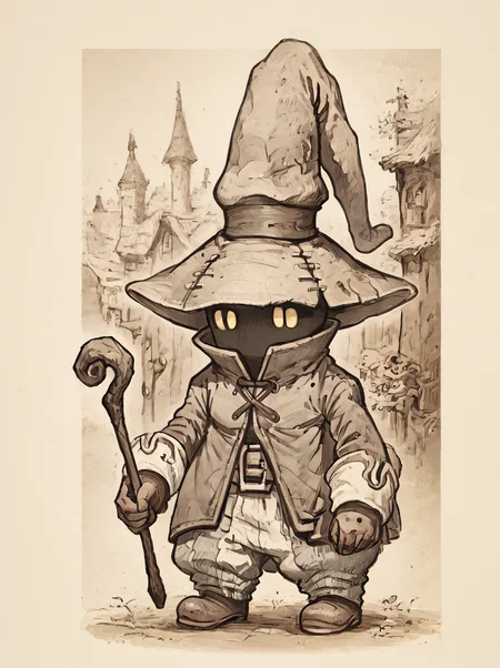 score_9, score_8_up, score_7_up, rating_safe, solo, gr4ph1t3, monochrome, wantedposter BREAK
expressiveh, 1male, chibi, bmcostume, hidden face, yellow eyes, mysterious, short, standing, wooden staff, portrait, looking at viewer, outdoors, rural village, depth of field  <lora:DetailedEyes_V3:0.5> <lora:Expressive_H:0.5> <lora:GraphiteSketch:0.5> <lora:BlackMageCostumeSDXL-V1:1> <lora:Wanted-Poster:0.8>