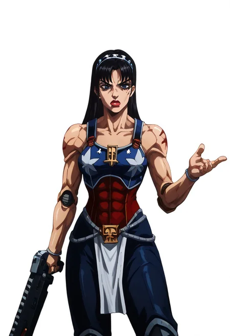 score_9, score_8_up, score_7_up, charturnerv2, solo, (side profile facing right),walking through gothic space ship corridor, kwkm, black eyes, black hair, extra long shiny thick hair, blunt bangs, parted bangs, (red & white striped American flag hairband), mole under eye, muscular, muscular female, twintails, (((muscular female))), thick thighs,  (adepta sororitas, wh40k, battle sisters, reflective power armor, black and neon-crimson and light-blue armor), pauldron), thick lips, large breasts, cleavage, head tilted up, stern and disgusted expression on face, (right hand holding hilt of 40kchainsword), (detailed neon lit Gothic Starship corridor with large windows showing surreal landscape outside)