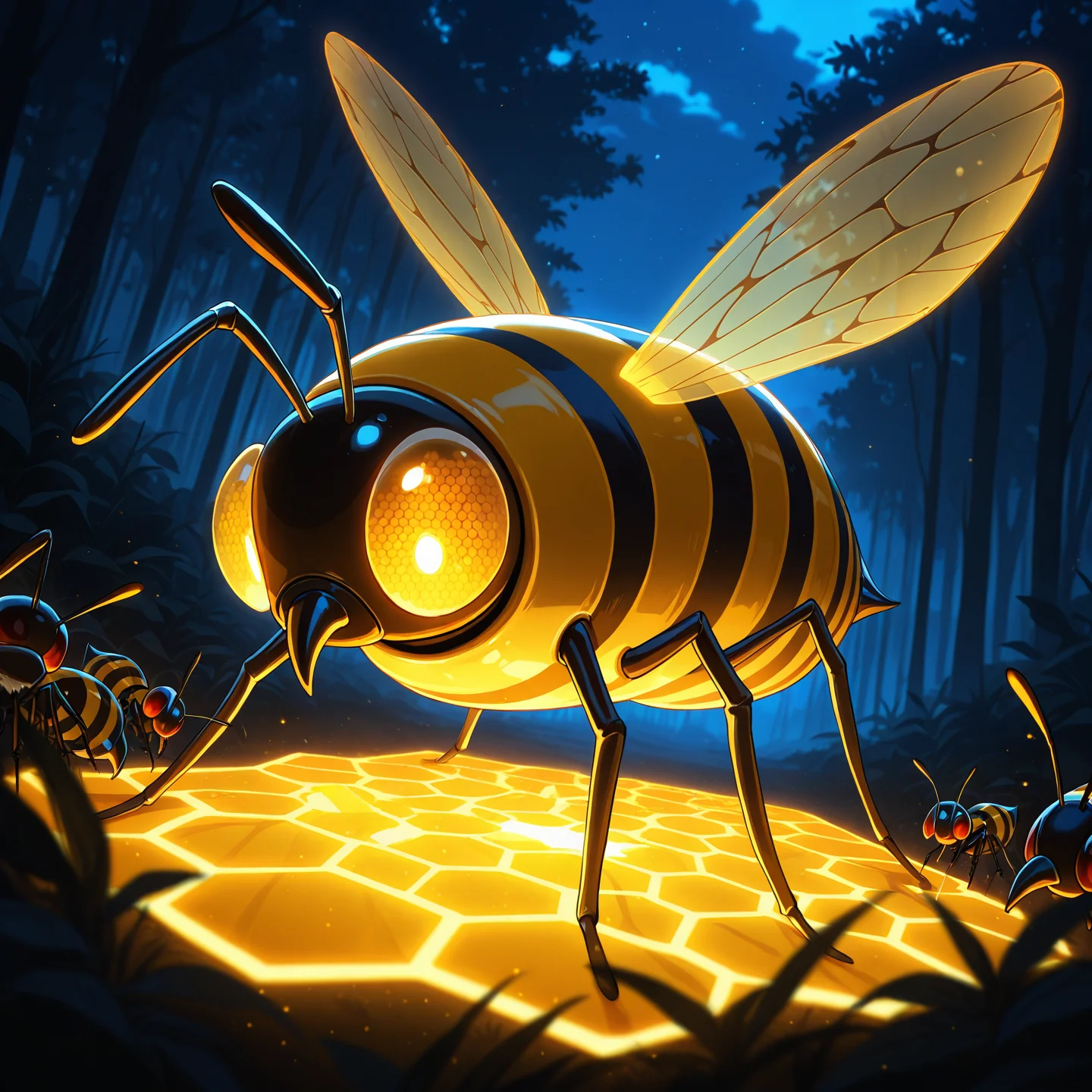 <lora:Bioluminescence-LoRA-v1:1>, bioluminescent bee hive, glowing bees, glowing honeycomb, masterpiece, night, bee swarm