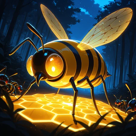 <lora:Bioluminescence-LoRA-v1:1>, bioluminescent bee hive, glowing bees, glowing honeycomb, masterpiece, night, bee swarm
