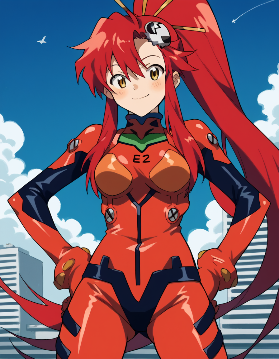 score_9, score_8_up, score_7_up, source_anime, <lora:yoko-littner-anime-ponyxl-lora-nochekaiser:1>, yoko littner, hair between eyes, hair ornament, high ponytail, long hair, red hair, sidelocks, skull hair ornament, yellow eyes,, <lora:souryuu-asuka-langley-cosplay-ponyxl-lora-nochekaiser:1>, souryuuasukalangleycosplay, souryuu asuka langley (cosplay), bodysuit, pilot suit, plugsuit, red bodysuit, interface headset,, cityscape, smile, blush, hands on hips,, , cowboy shot, dutch angle