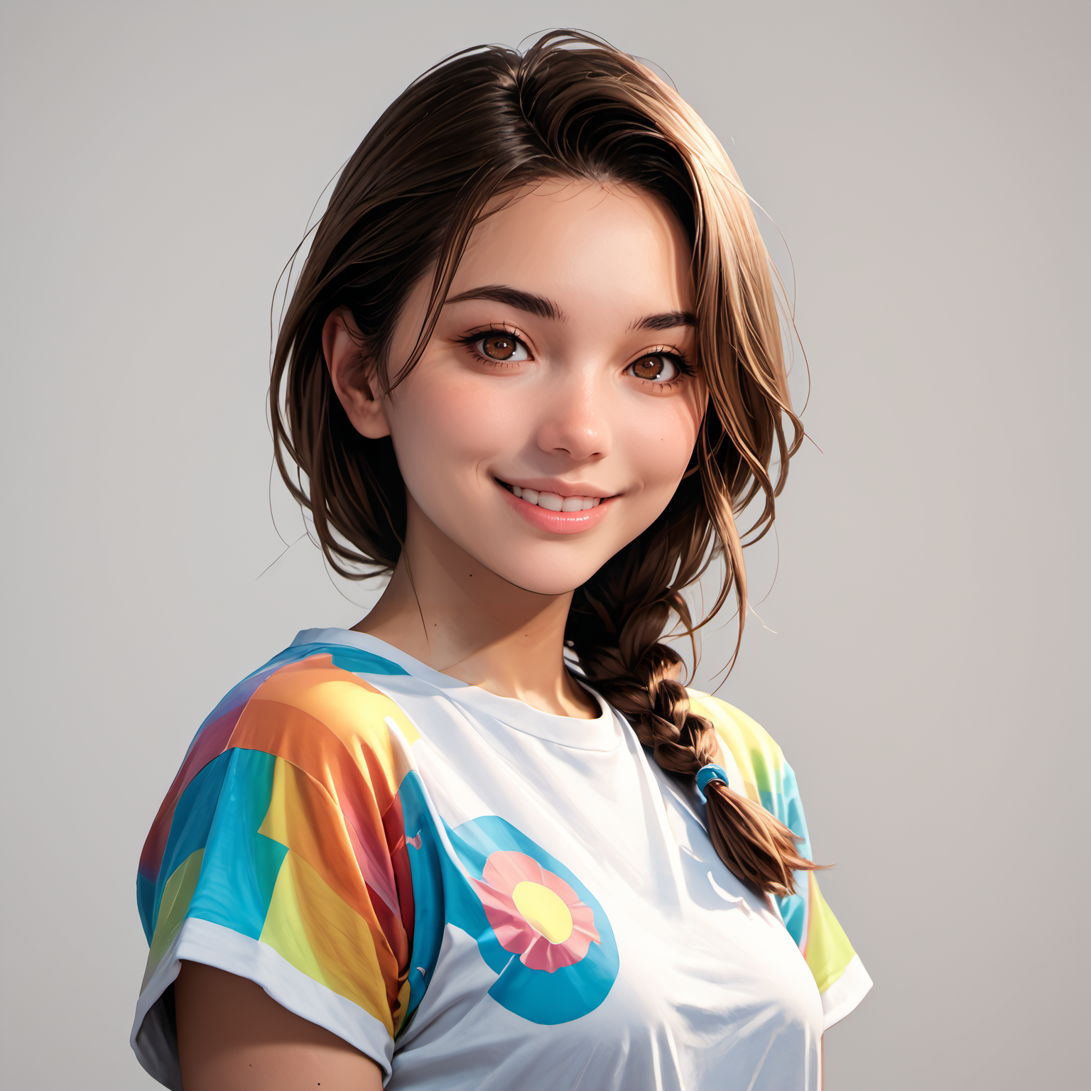 (score_9, score_8_up, score_7_up, outlines, source_anime, source_cartoon, best quality, masterpiece),
anime drawing of, 3m3li3vx  ,colorful t-shirt, smile, braid, brown eyes,   <lora:Emelie Nobody_epoch_12_Pony_VX:0.6> <lora:1ly4XLP:0.75> 1ly4