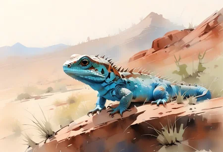 close up, macro photography of a turquoise lizard on a flat red ocre rock, several tones of blue scales, red grainy rocks, soft and delicate grass, small peebles, deep rich ocre palette, navajo sacred land, blazing sunset, etheral landscape, watercolor, deep tones, oil and watercolor painting