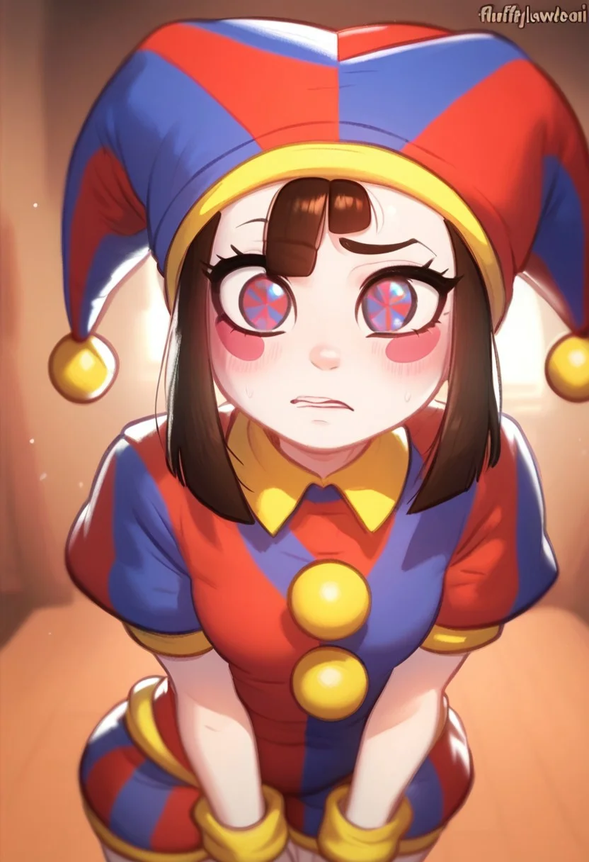 score_9, score_8_up. score_7_up, 
 score_9, , 1girl, pomni,jester cap,blush stickers  , solo, looking at viewer , 
<lora:fluffylewdsai:1> , fluffylewdsai,